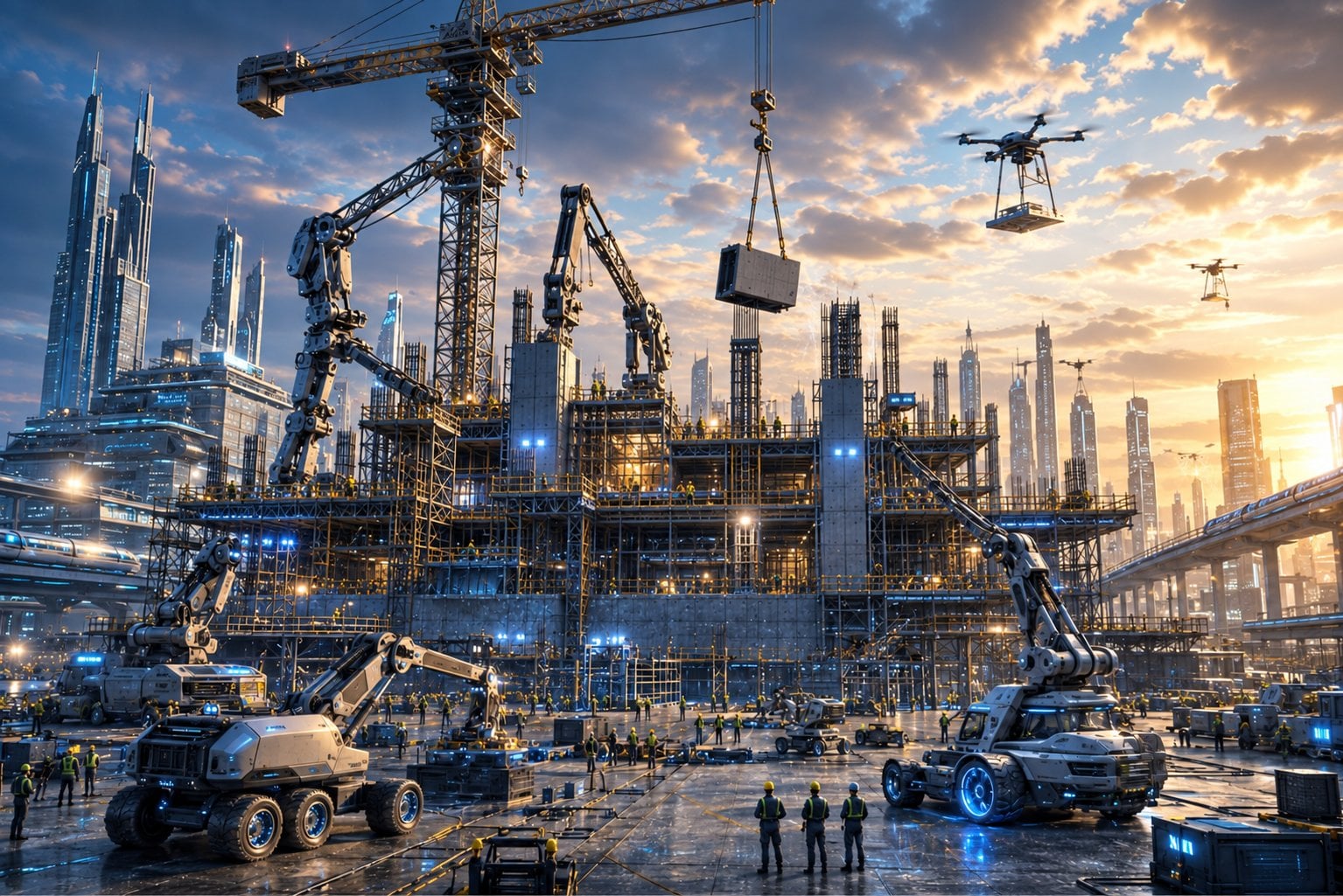 Conceptual artwork depicting a futuristic construction site with robotic machinery and drones, illustrating technological innovation in construction
