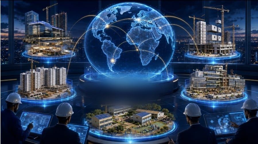 Conceptual artwork representing a network of projects and technology applied to civil engineering
